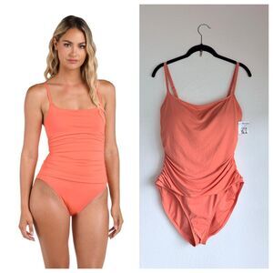 NWT La Blanca Island Goddess One Piece Ruched Swimsuit in Sunset Coral Size 14